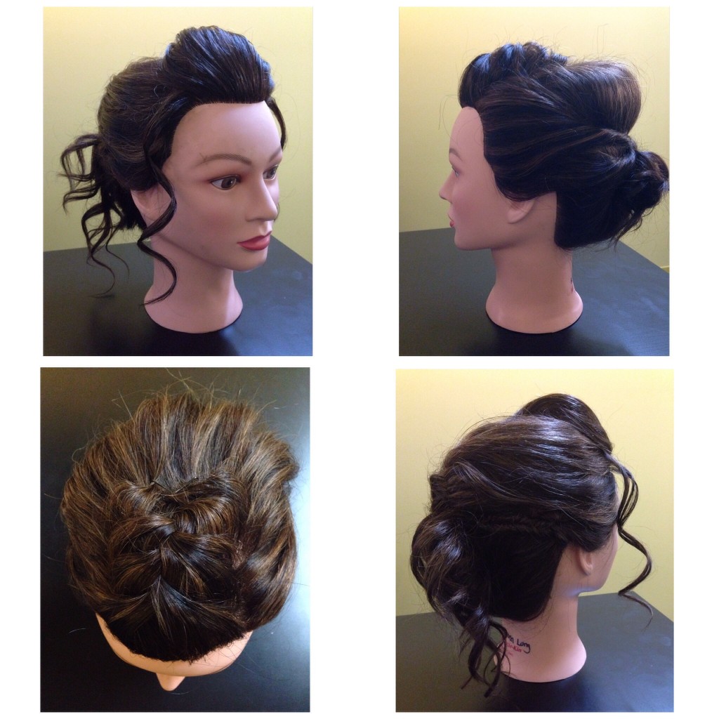 Curled and braided updo by Amber's Beauty School students